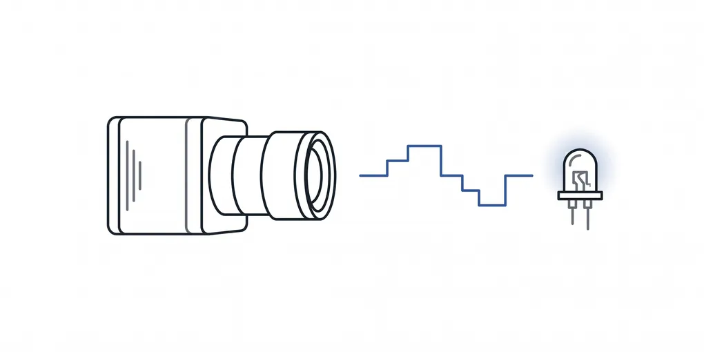 Abstract illustration of a machine-vision camera synchronized to a pulsing LED light's waveform.